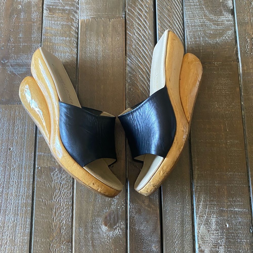 Donald J. Pliner Black Leather Slide Wedge Sandals with Tan Wood-Look Platform - Picture 6 of 9